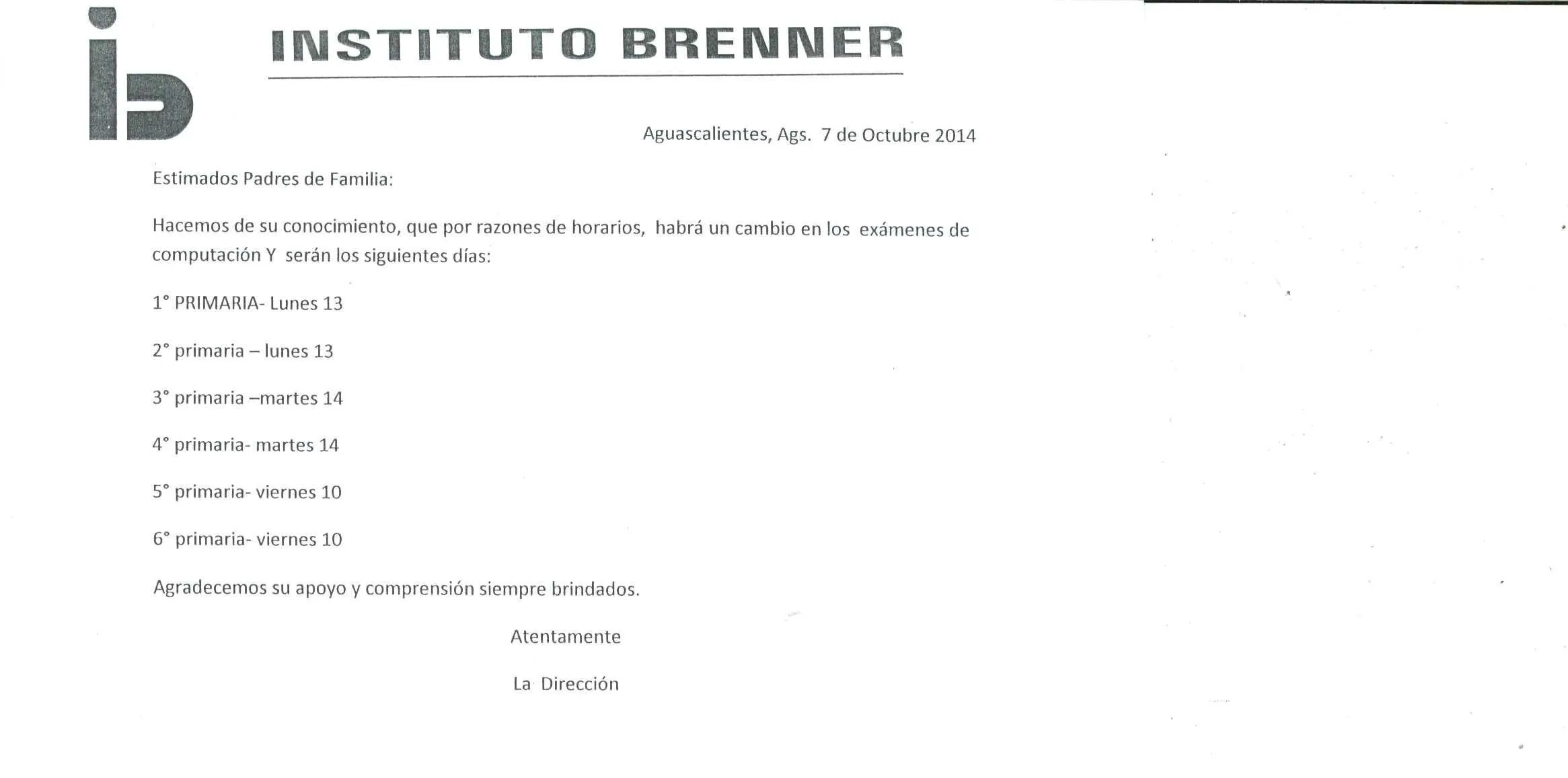 NOTIFICACION CAMBIO EXAMEN COMPUTACION PRIMARIA | INSTITUTO BRENNER