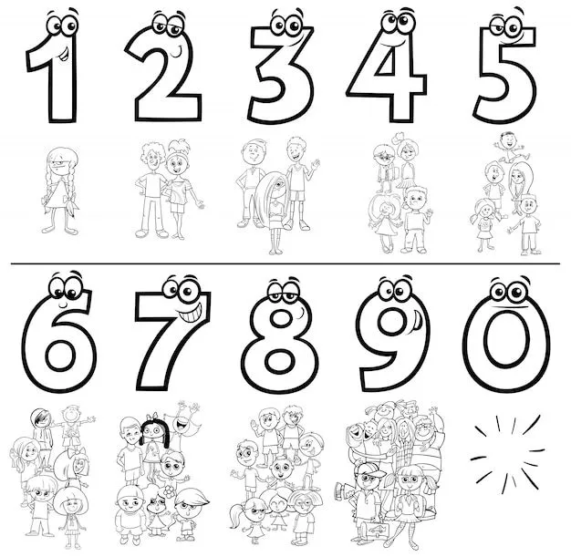 I numeri del fumetto hanno impostato la pagina del libro da colorare con i bambini | Vettore Premium I numeri del fumetto hanno impostato la pagina del libro da colorare con i bambini | Vettore Premium