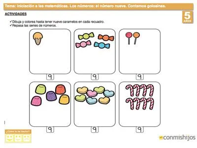 Número nueve. Ejercicio de los números para niños