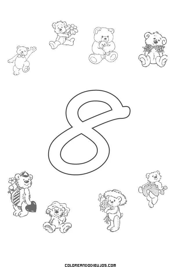 Número 8 y 8 Ositos para colorear