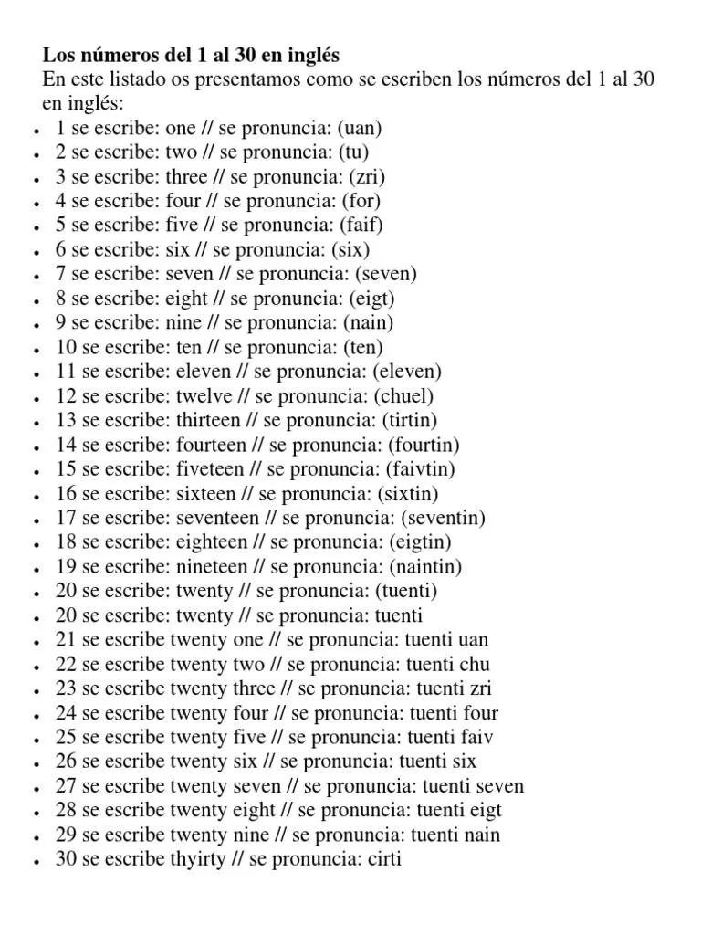 Los Números Del 1 Al 30 en Inglés | PDF