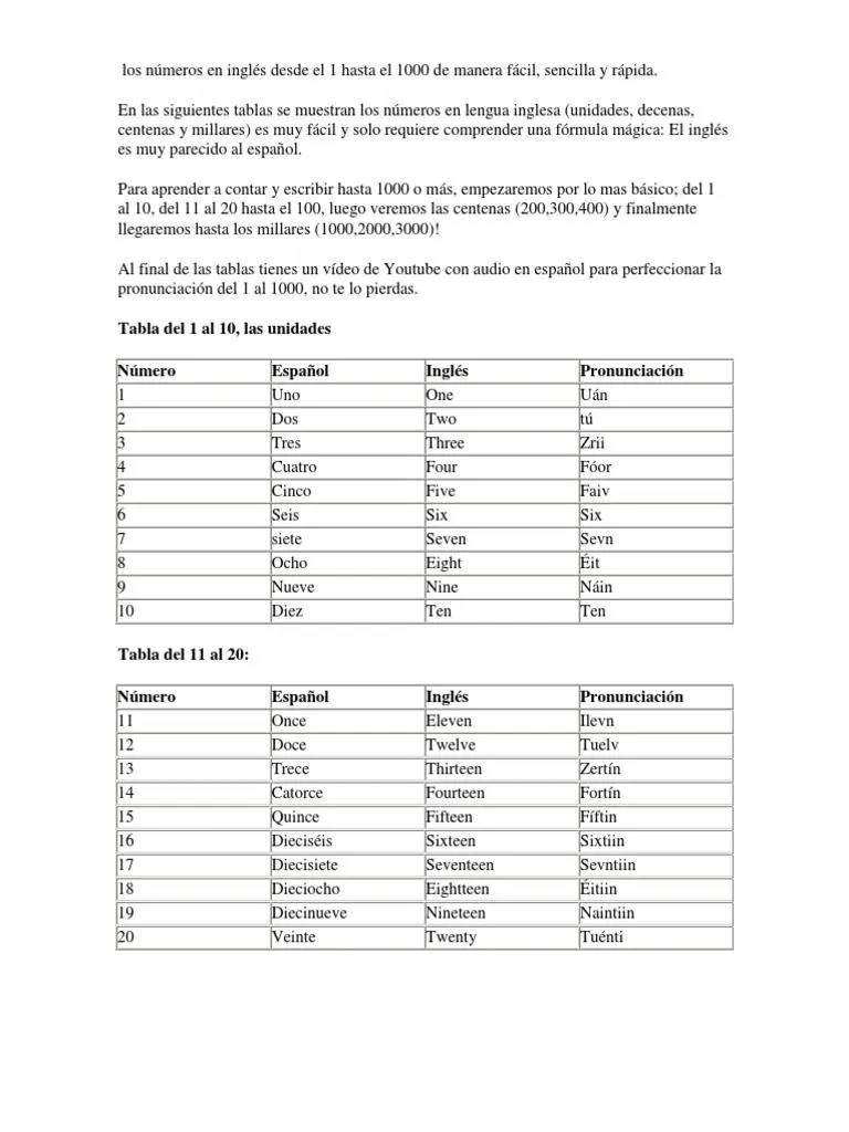 Los Números en Inglés Desde El 1 Hasta El 1000 de Manera Fácil PDF | PDF |  Verbo | Sustantivo