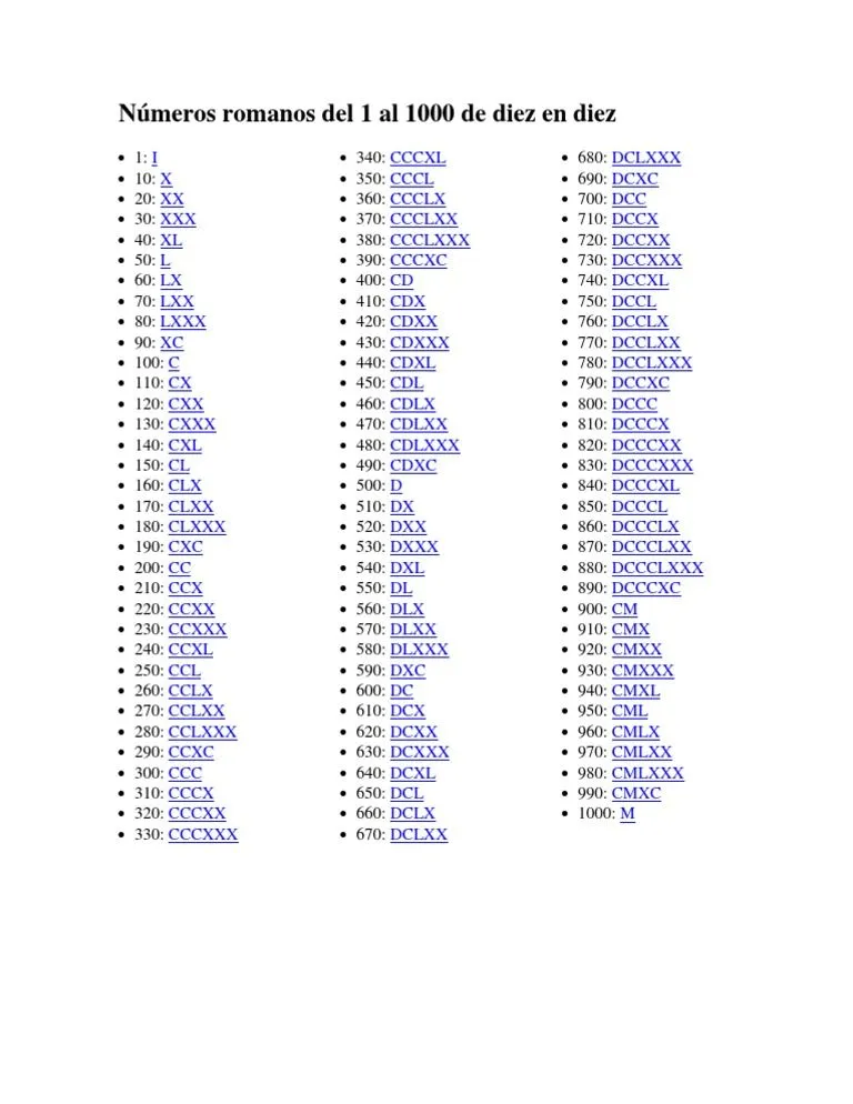 Números Romanos Del 1 Al 1000 de Diez en Diez | PDF