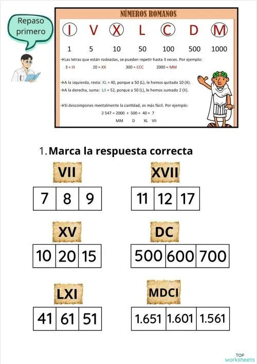 Números romanos: fichas interactivas y ejercicios online | TopWorksheets Números romanos: fichas interactivas y ejercicios online | TopWorksheets