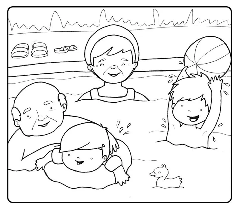 Colorear abuelos jugando en la piscina con sus nietos. Colorear ...