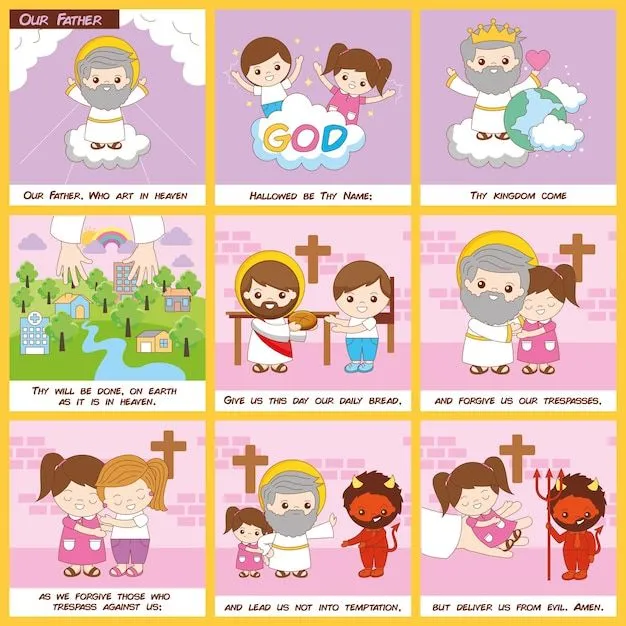 Oración del padre nuestro con ilustraciones cristianas y sermones. | Vector Premium Oración del padre nuestro con ilustraciones cristianas y sermones. | Vector Premium