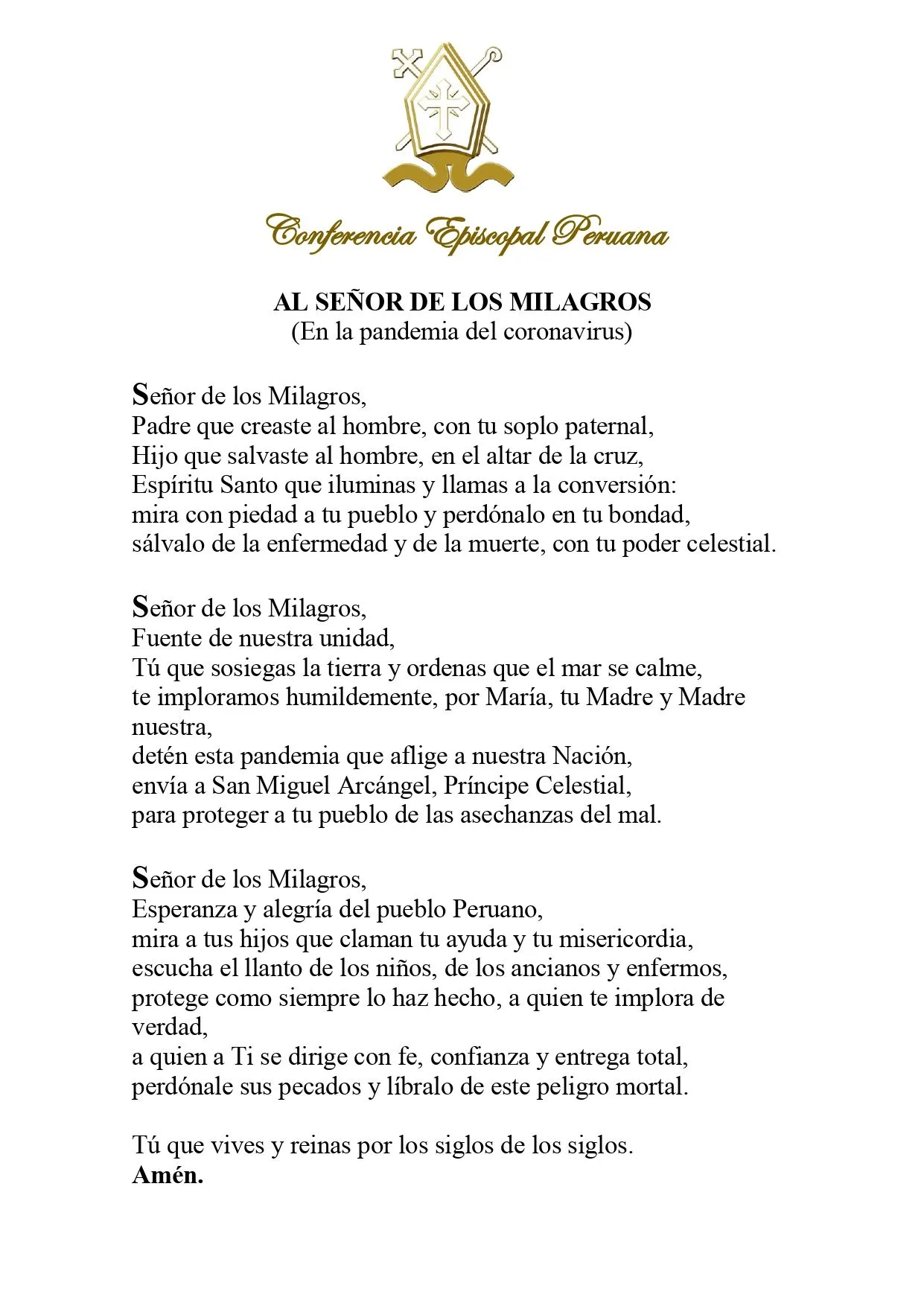 Oración al Señor de los Milagros ante la pandemia del coronavirus COVID-19 – Conferencia Episcopal Peruana Oración al Señor de los Milagros ante la pandemia del coronavirus COVID-19 – Conferencia Episcopal Peruana