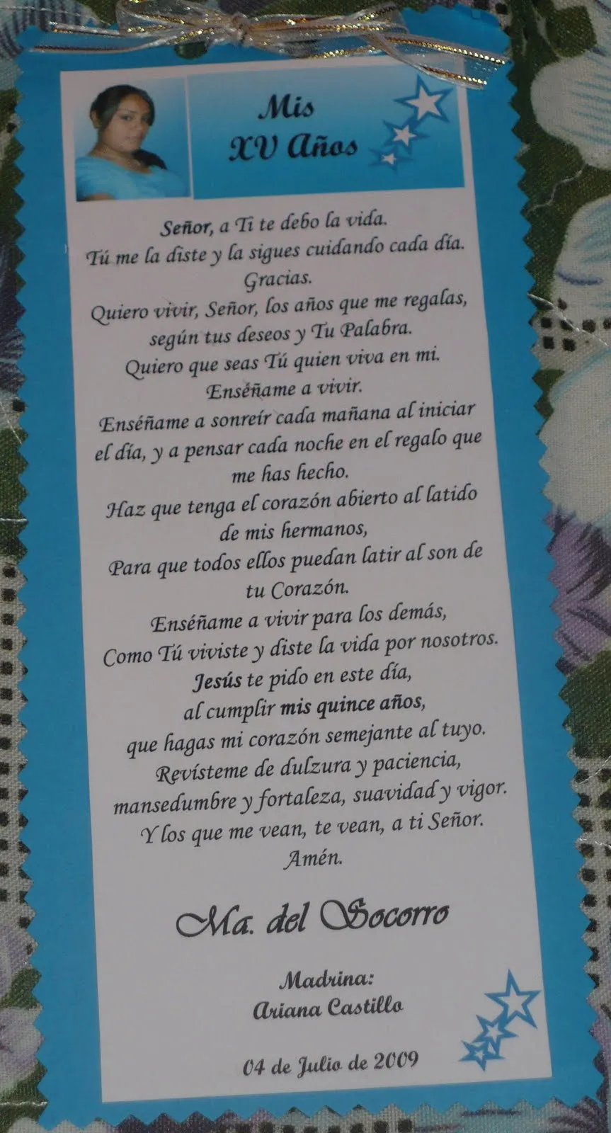 tarjeta de oracion para xv anos