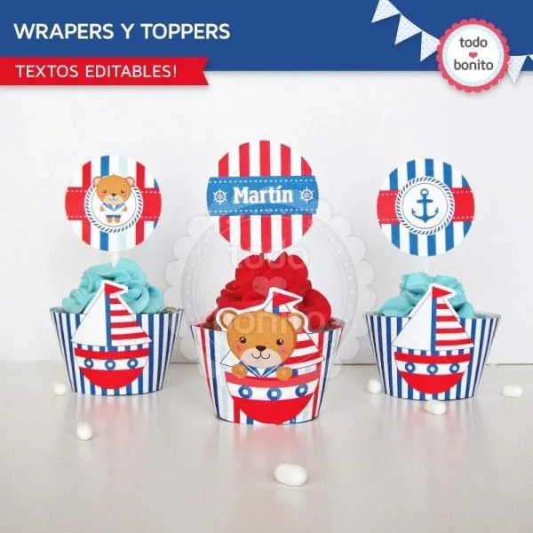 Osito Marinero: wrappers y toppers para cupcakes - Todo Bonito