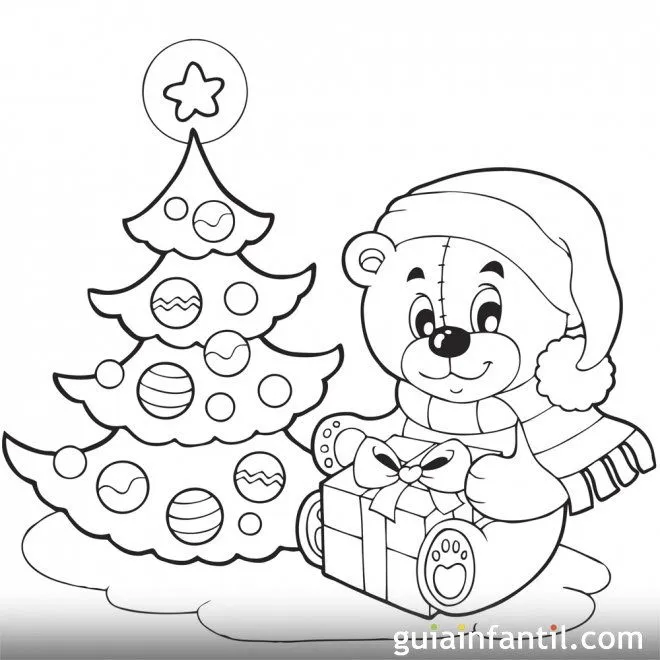 Un osito con su regalo. Árbol de Navidad para colorear - Dibujos ... Un osito con su regalo. Árbol de Navidad para colorear - Dibujos ...