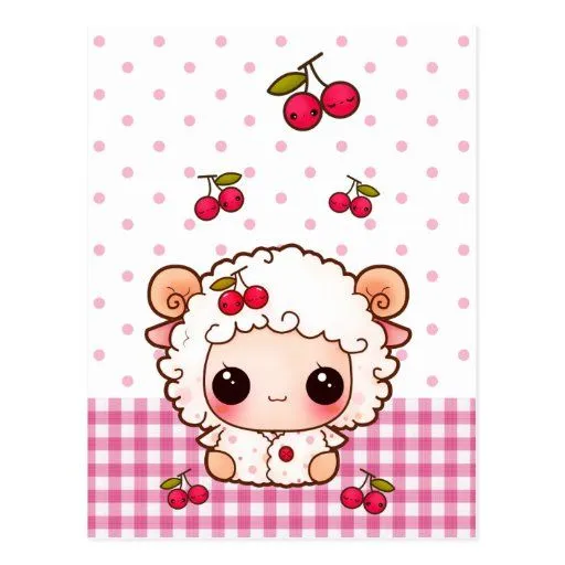Ovejas lindas del bebé con las cerezas del kawaii tarjeta postal ... Ovejas lindas del bebé con las cerezas del kawaii tarjeta postal ...