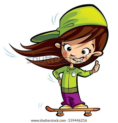 Happy Cute Girl With Long Hair On An Orange Skateboard Making A ... Happy Cute Girl With Long Hair On An Orange Skateboard Making A ...