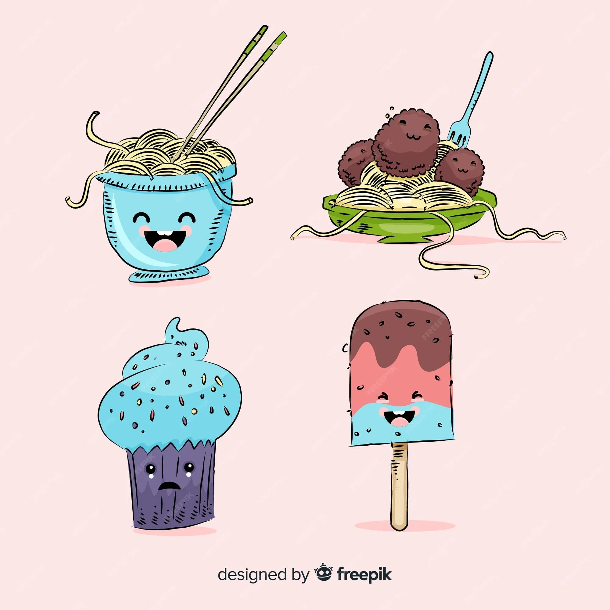 Pack comida kawai dibujado a mano | Vector Gratis Pack comida kawai dibujado a mano | Vector Gratis