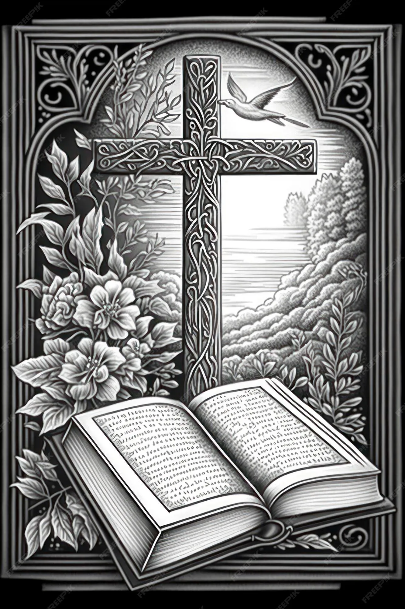 Página para colorear para adultos cruz y biblia abierta en escala de grises  | Foto Premium