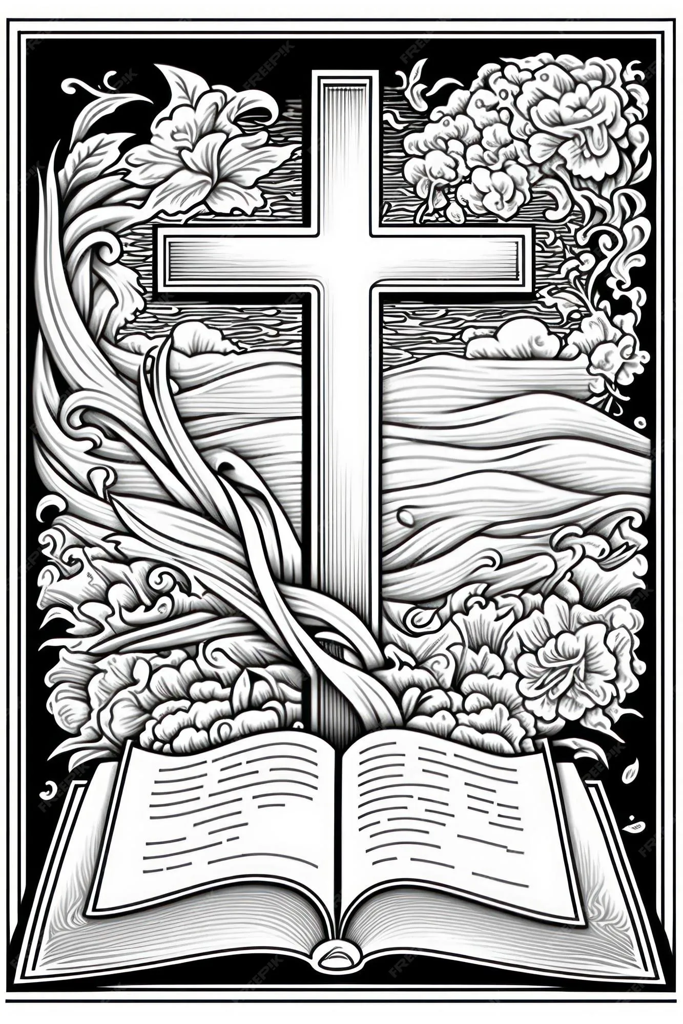 Página para colorear para adultos cruz y biblia abierta en escala de grises  | Foto Premium