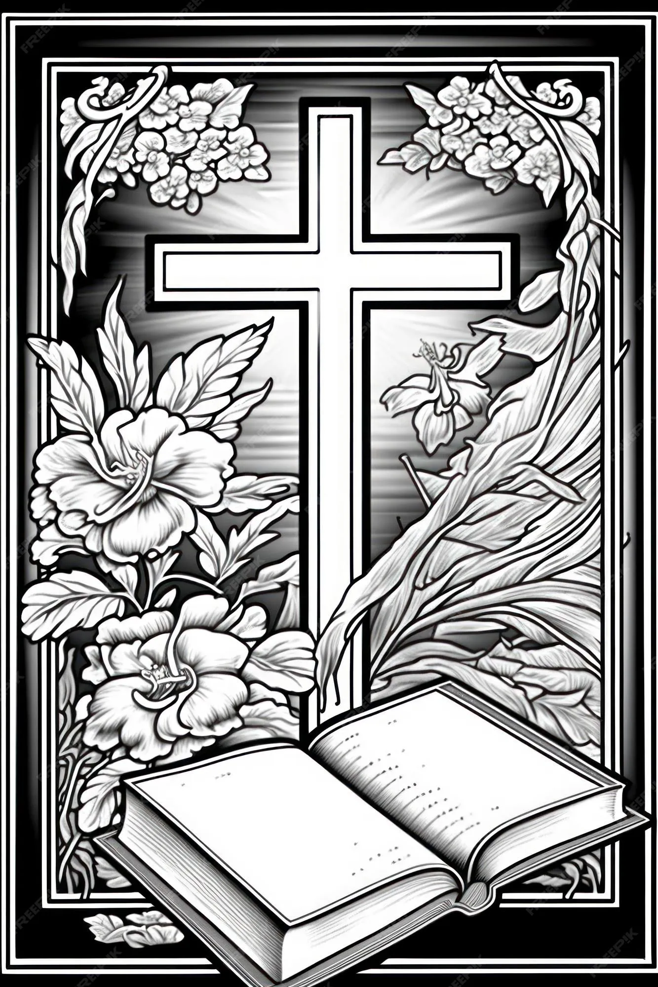 Página para colorear para adultos cruz y biblia abierta en escala de grises  | Foto Premium