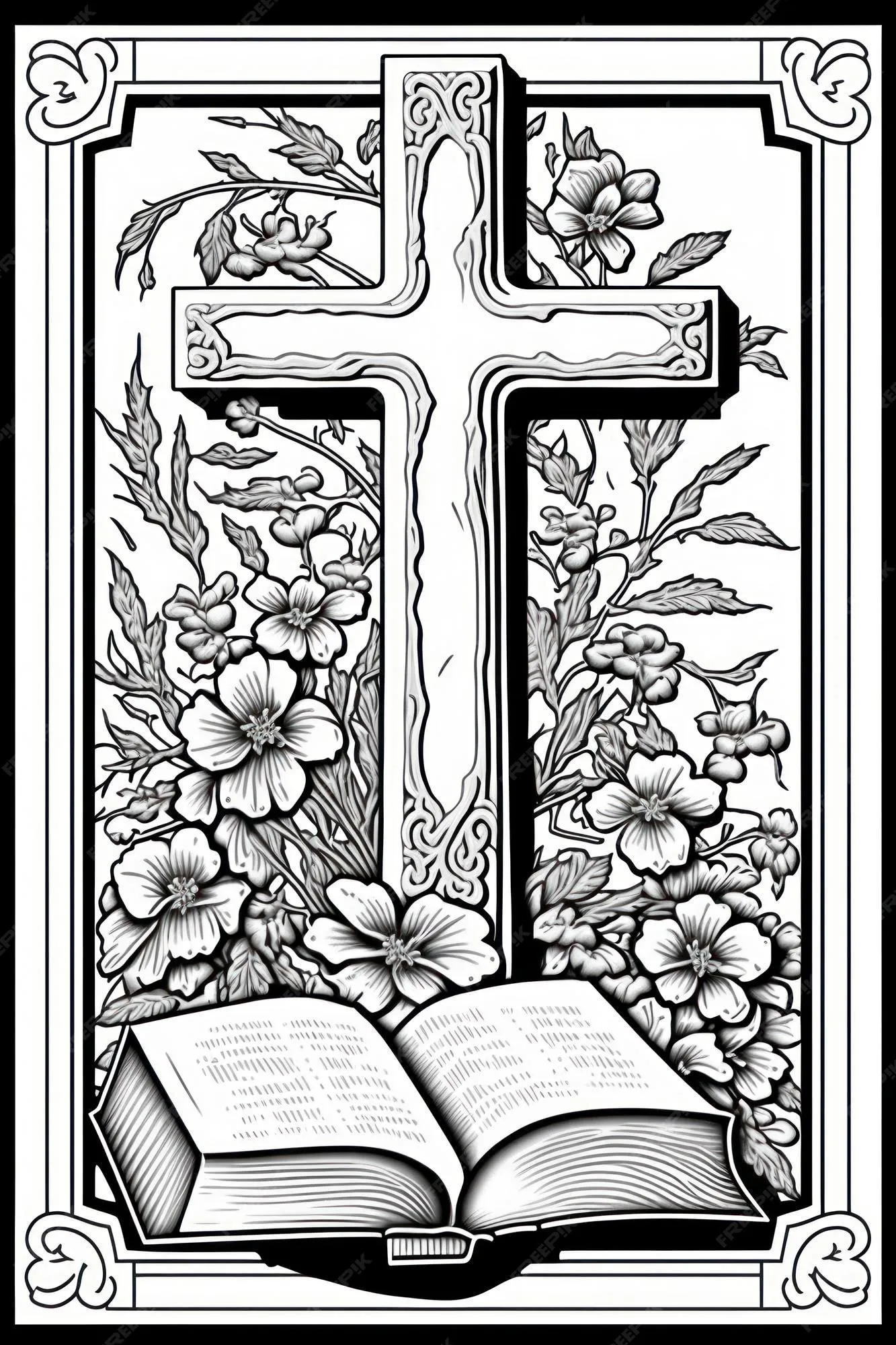Página para colorear para adultos cruz y biblia abierta en escala de grises  | Foto Premium