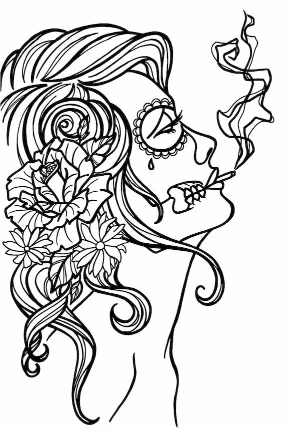 Página para colorear Calavera de Azúcar Fumando - Etsy México Página para colorear Calavera de Azúcar Fumando - Etsy México