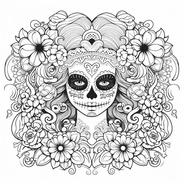 Una página para colorear con una mujer con una calavera de azúcar y flores  ai generativo | Foto Premium