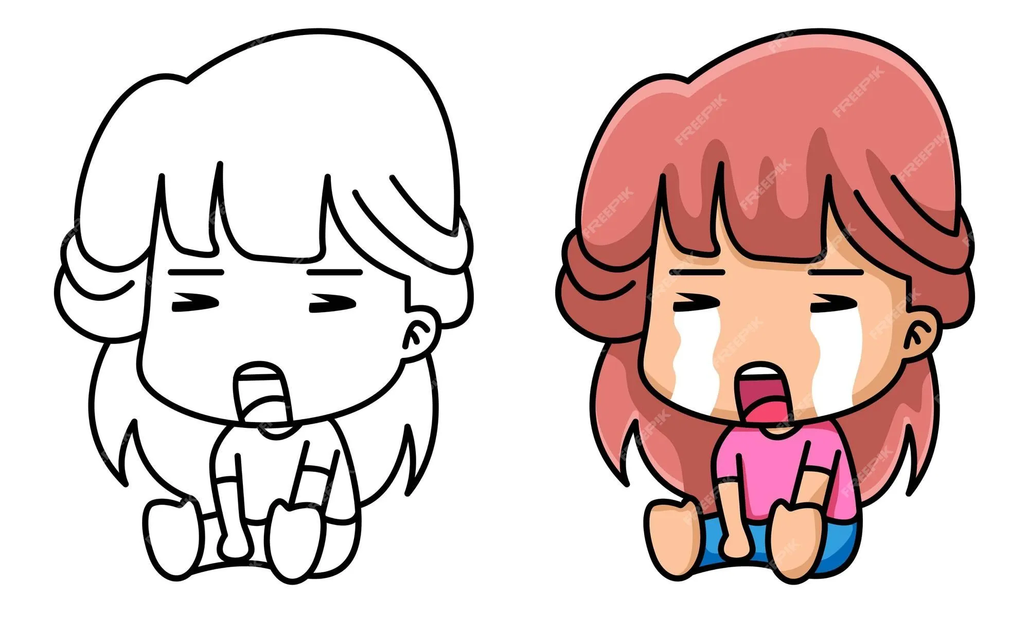 Página para colorear de niña triste para niños | Vector Premium Página para colorear de niña triste para niños | Vector Premium