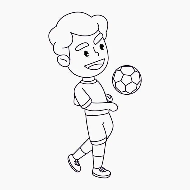 Página para colorear niño lindo jugando fútbol niño feliz pateando la  ilustración de vector de dibujos animados de pelota | Vector Premium