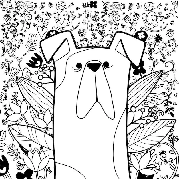Páginas para colorear en blanco y negro para niños un gran perro de aspecto inocente te está mirando con ojos de honestidad con un lindo dibujo de un niño como fondo | Páginas para colorear en blanco y negro para niños un gran perro de aspecto inocente te está mirando con ojos de honestidad con un lindo dibujo de un niño como fondo |