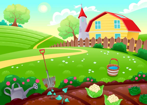 Paisaje de campo divertido con huerto — Vector stock © ddraw #59720383 Paisaje de campo divertido con huerto — Vector stock © ddraw #59720383