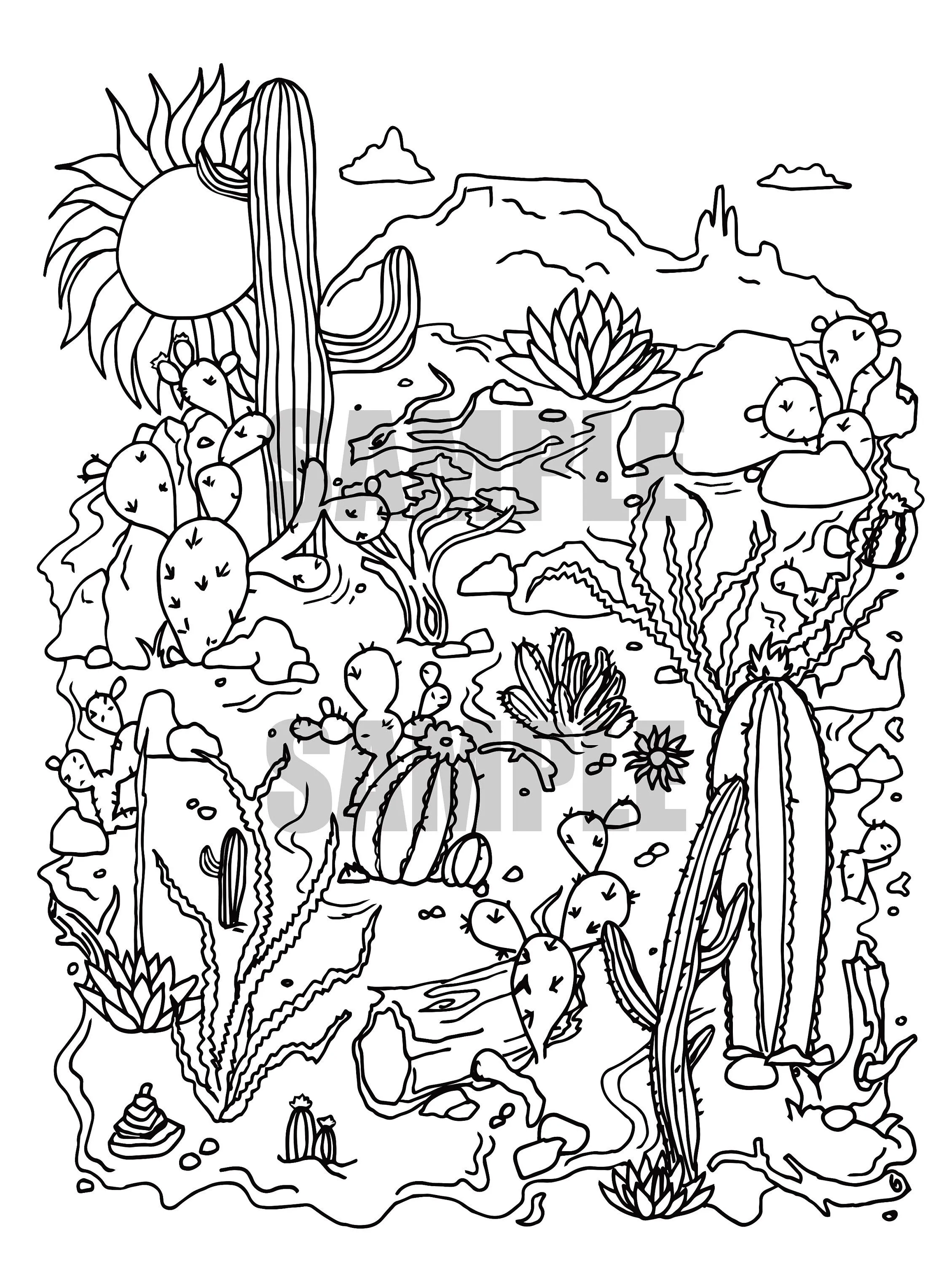 Paisaje desértico // Dibujo para colorear adulto 14 - Etsy México