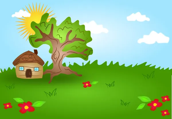 Paisaje de dibujos animados con casa de madera — Foto stock ... Paisaje de dibujos animados con casa de madera — Foto stock ...