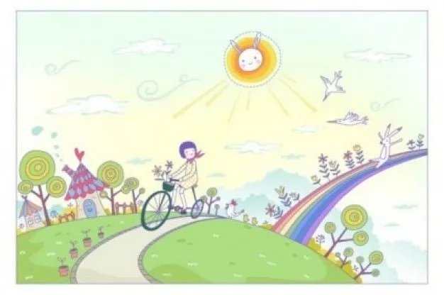 Paisaje de dibujos animados de primavera con el arco iris ... Paisaje de dibujos animados de primavera con el arco iris ...