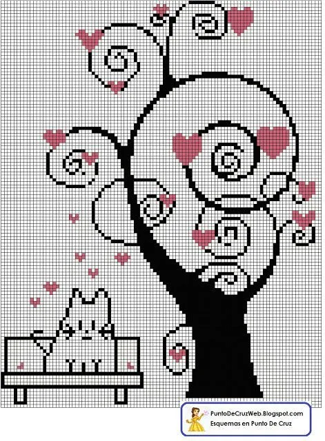 Paisaje primaveral, el árbol del amor, en punto de cruz | Punto ... Paisaje primaveral, el árbol del amor, en punto de cruz | Punto ...