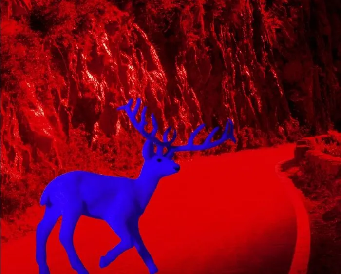 Paisaje rojo con ciervo azul. 72x90 cm. | Ciuco Gutierrez