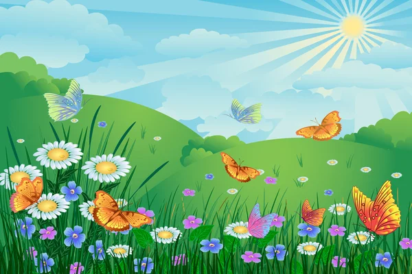 Paisaje verde con flores y mariposas — Vector stock © tory #6490910 Paisaje verde con flores y mariposas — Vector stock © tory #6490910