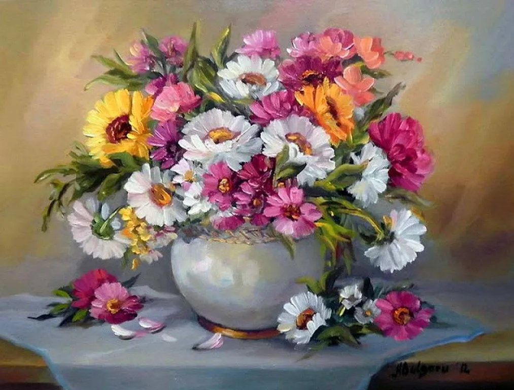 Paisajes y Bodegones: Bodegón con Jarrones de Flores, Pintura Óleo Paisajes y Bodegones: Bodegón con Jarrones de Flores, Pintura Óleo