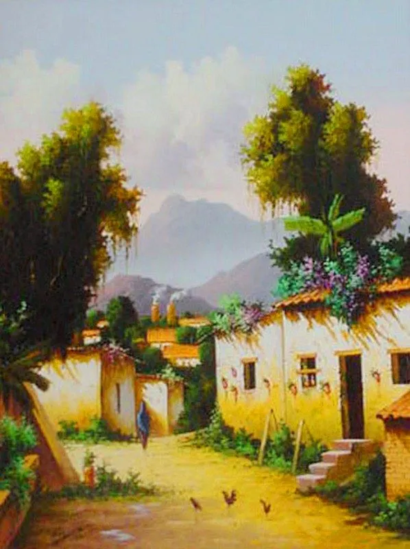 Cuadros Modernos Pinturas : Paisajes al óleo de pueblos