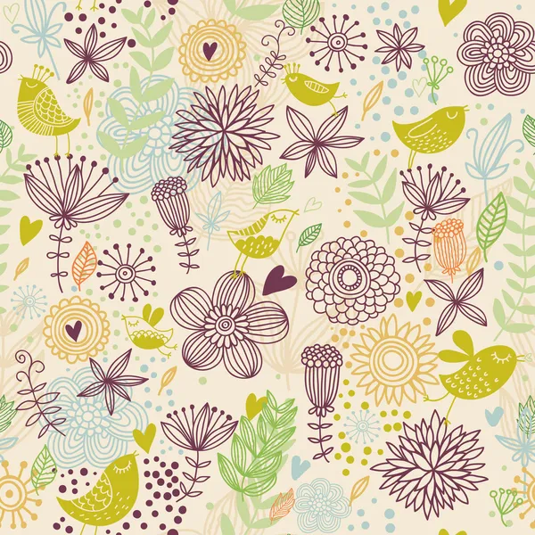 Pájaros y flores. patrón sin costuras de dibujos animados — Vector ... Pájaros y flores. patrón sin costuras de dibujos animados — Vector ...