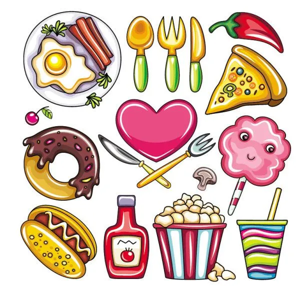 Palabras clave: cartoon alimentos, chili, tortillas, pizza, donas ...