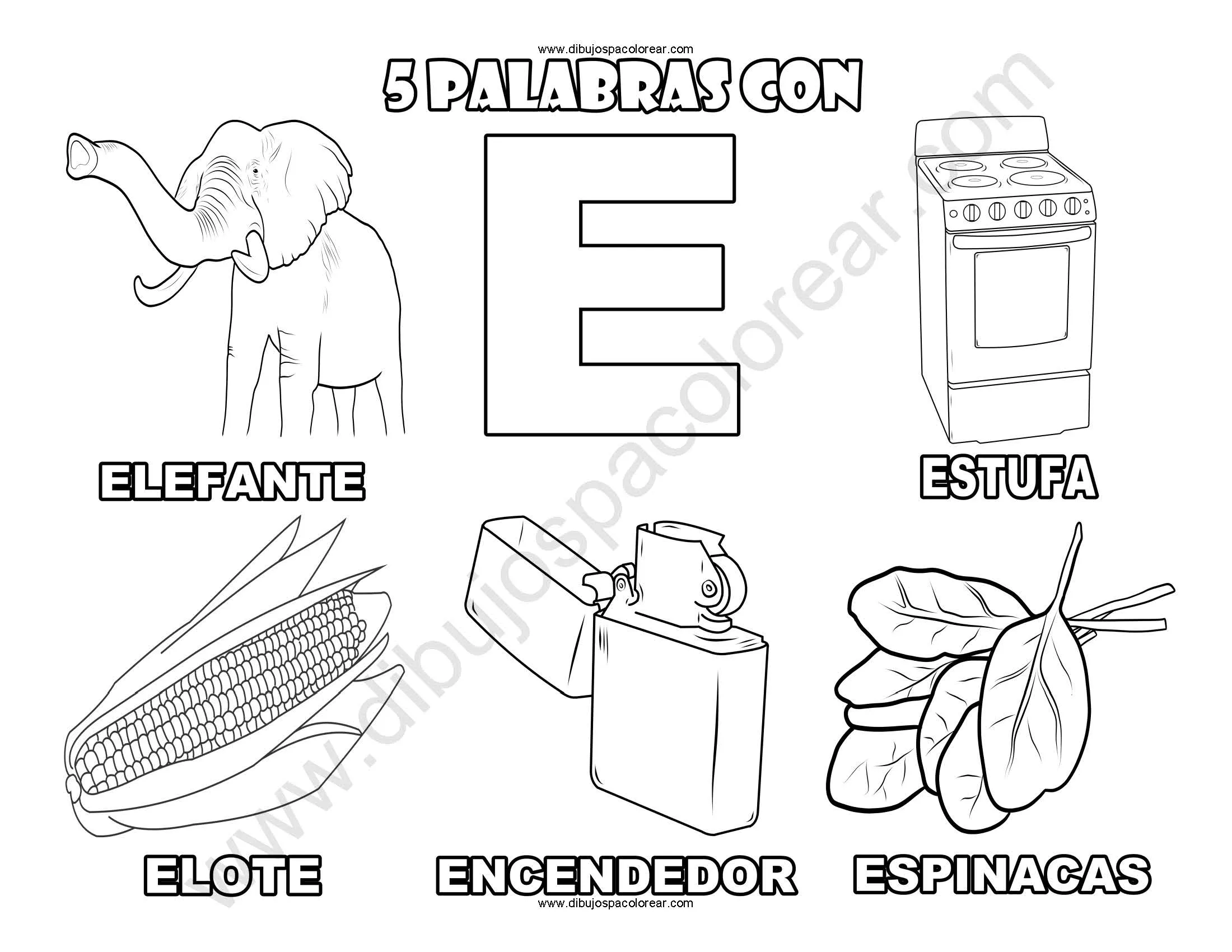 Cinco Palabras con la letra E dibujo a color y para colorear Cinco Palabras con la letra E dibujo a color y para colorear