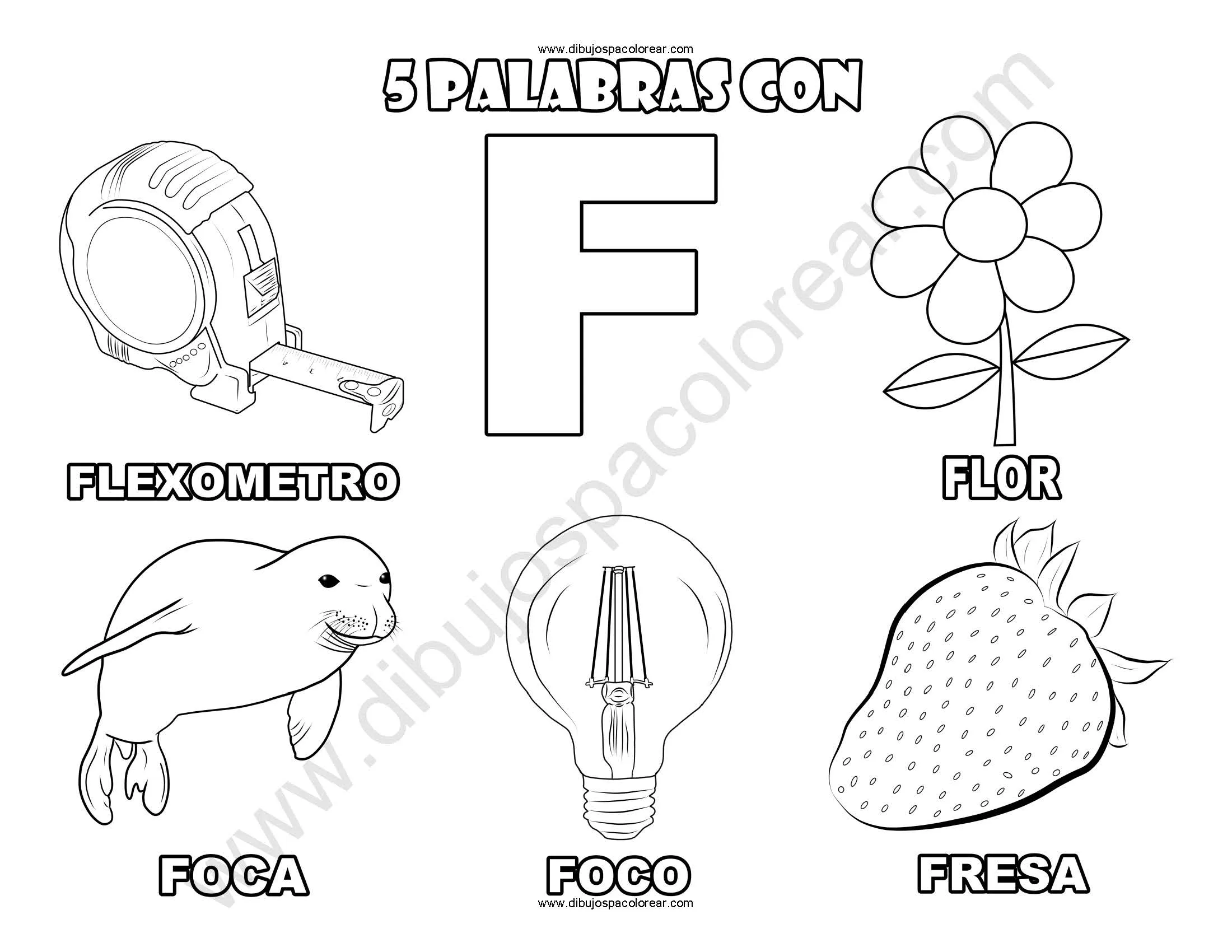 Cinco Palabras con la letra F dibujo a color y para colorear Cinco Palabras con la letra F dibujo a color y para colorear