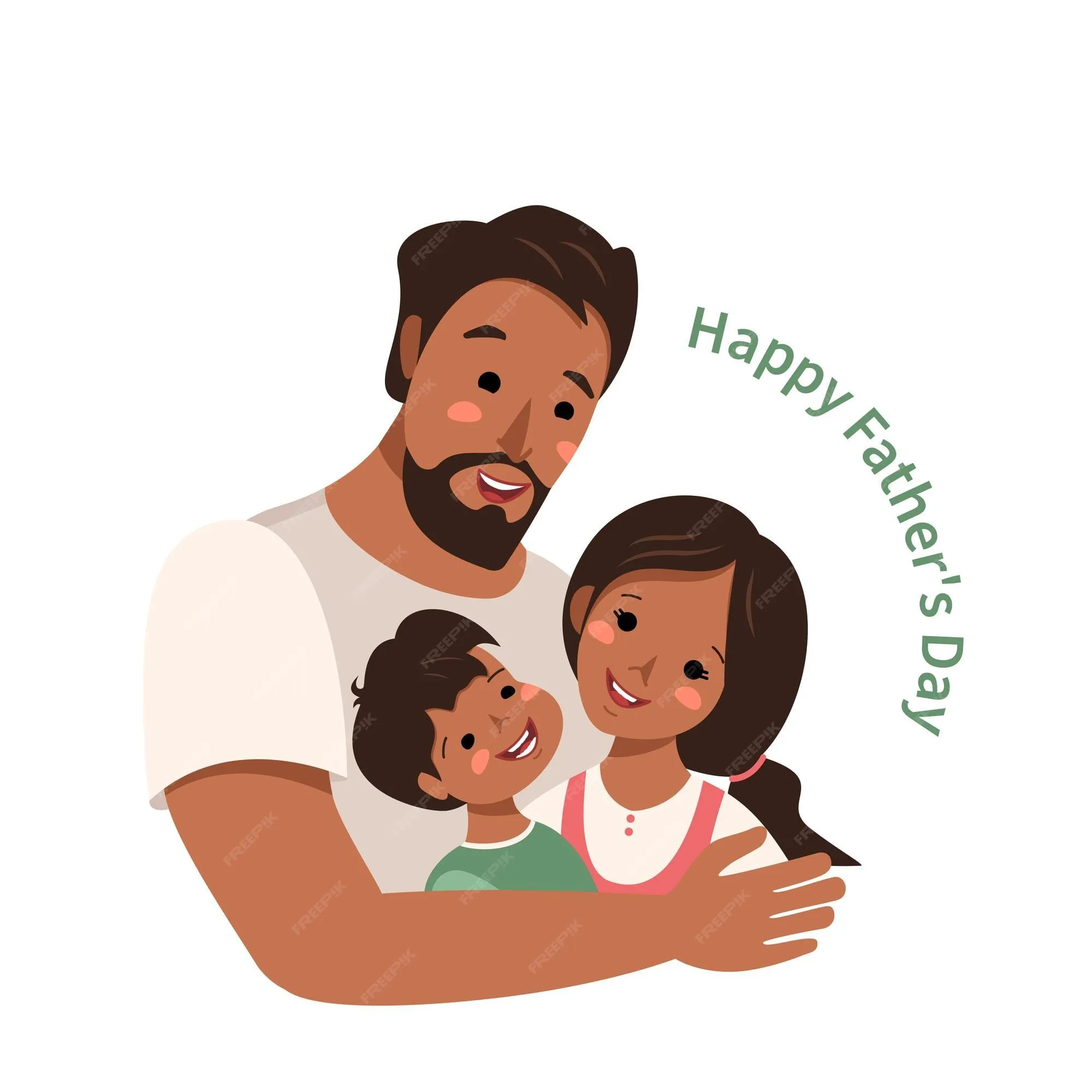 Papá abraza a su hijo y a su hija. familia feliz. el hombre pasa tiempo con  los niños. día internacional del padre, día del hombre. educación y  cuidado. ilustración de dibujos animados