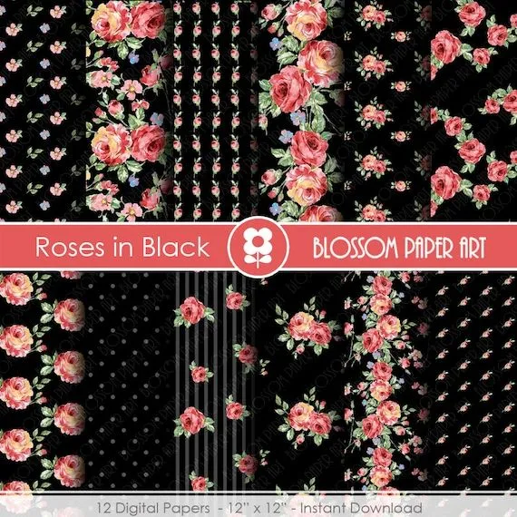 Papel Decorativo Negro Papel Floreado Papeles por blossompaperart Papel Decorativo Negro Papel Floreado Papeles por blossompaperart
