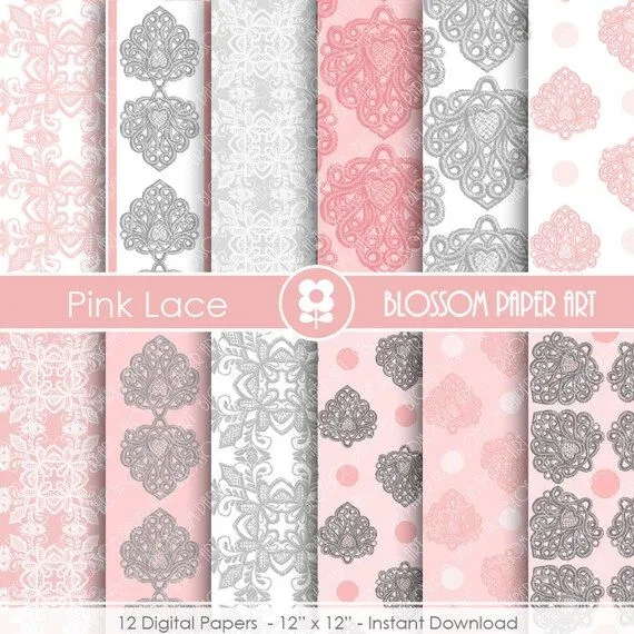 Papel Decorativo Rosa y Gris Papeles por blossompaperart en Etsy