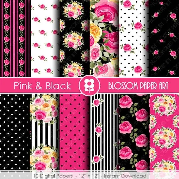 Papel Decorativo Rosa y Negro Papeles por blossompaperart en Etsy