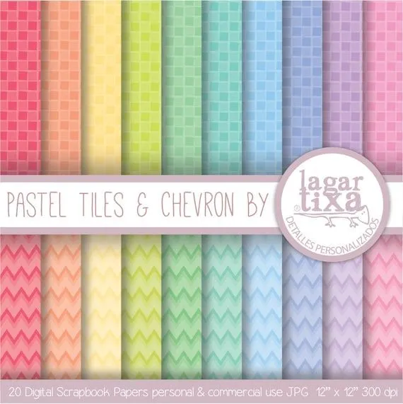 Papel Digital Azulejos y Chevron Pastel para por LagartixaShop