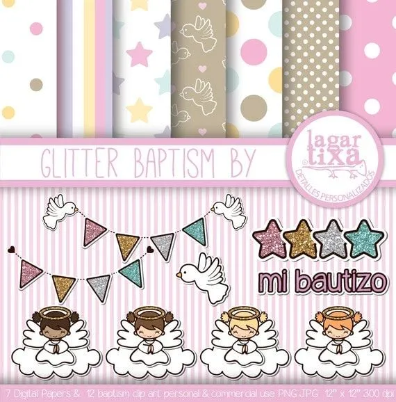 Papel Digital Bautizo Niña Angelita Paloma por LagartixaShop