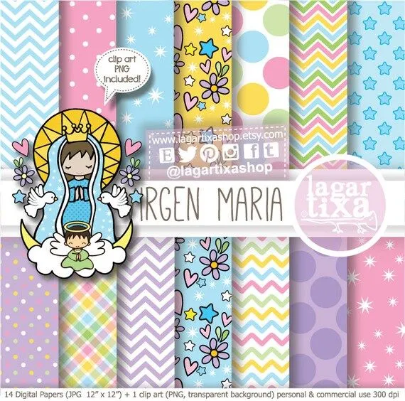 Papel Digital Dibujo Virgencita Maria Bautizo por LagartixaShop Papel Digital Dibujo Virgencita Maria Bautizo por LagartixaShop