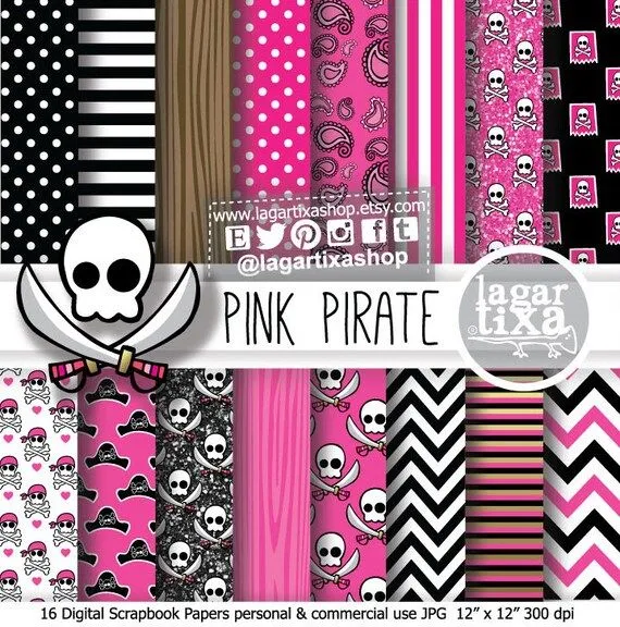 Papel Digital Fondo Pirata Rosa Niña Fuchsia por LagartixaShop Papel Digital Fondo Pirata Rosa Niña Fuchsia por LagartixaShop