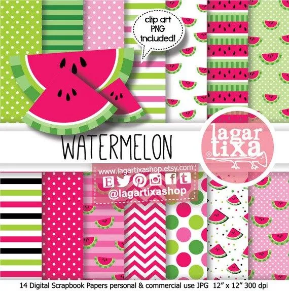 Papel Digital Fondos Sandia Rosa fiuscha verde por LagartixaShop