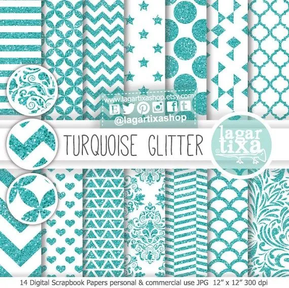 Papel Digital Turquesa Azul Verde Pastel Glitter por LagartixaShop Papel Digital Turquesa Azul Verde Pastel Glitter por LagartixaShop