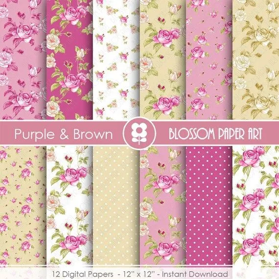 Papeles Floreados Violeta Bordo Beige Marron por blossompaperart Papeles Floreados Violeta Bordo Beige Marron por blossompaperart